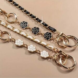 Gold-Tone Floral Link Keychain Wristlet Phone Strap - Black & White